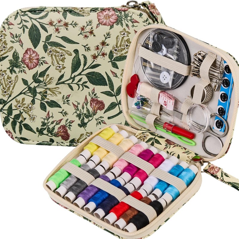 Bobode Arts Craft Printing Sewing Kit Floral Pattern Small Sewing Set,Professional Travel Sewing Kit with 18 Colors Sewing Thread, Basic Sewing Supplies Accessory for Emergency, Home Beginners - Image 1